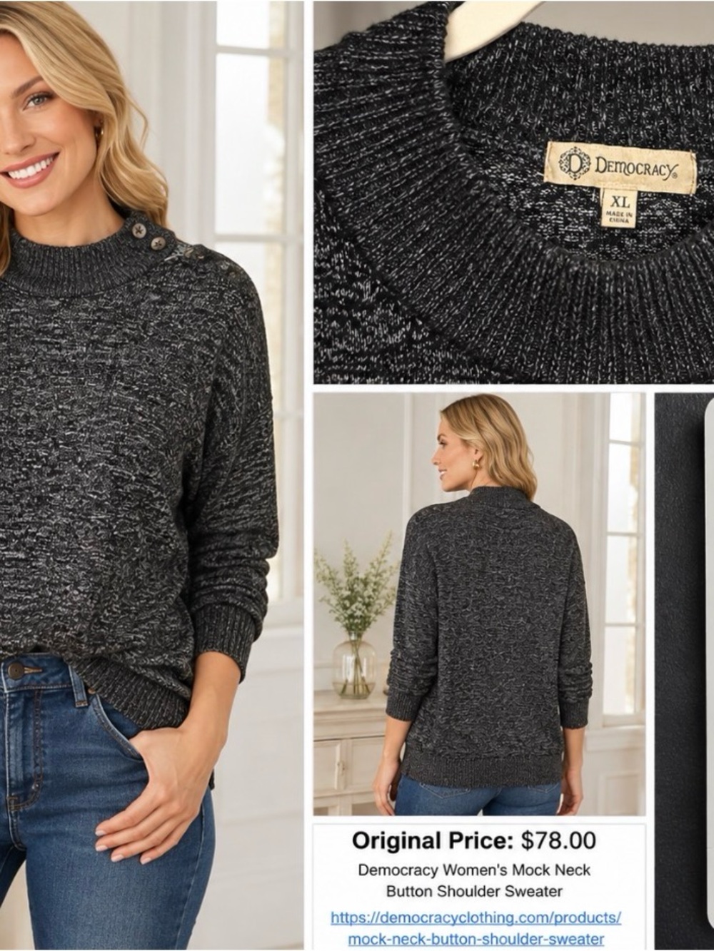 Democracy Charcoal Marled Mock Neck Button-Shoulder Sweater